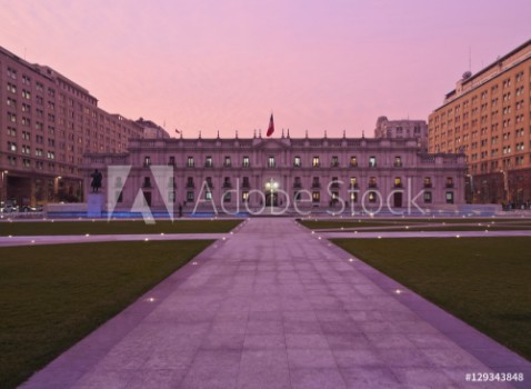 Picture of Chile Santiago Twilight view of La Moneda Palace from the Plaza de la Ciudadania